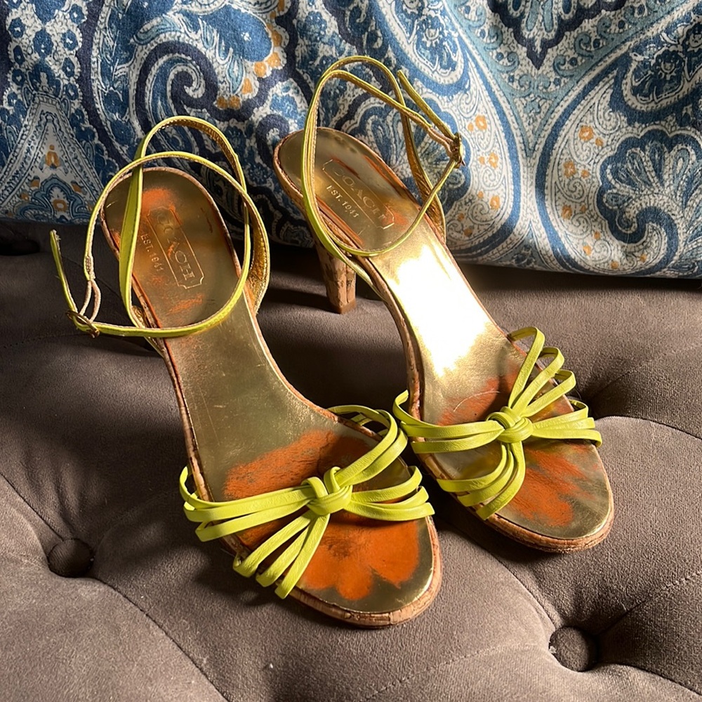 Authentic Coach neon yellow sexy strappy 4inch cork heel with gold specks